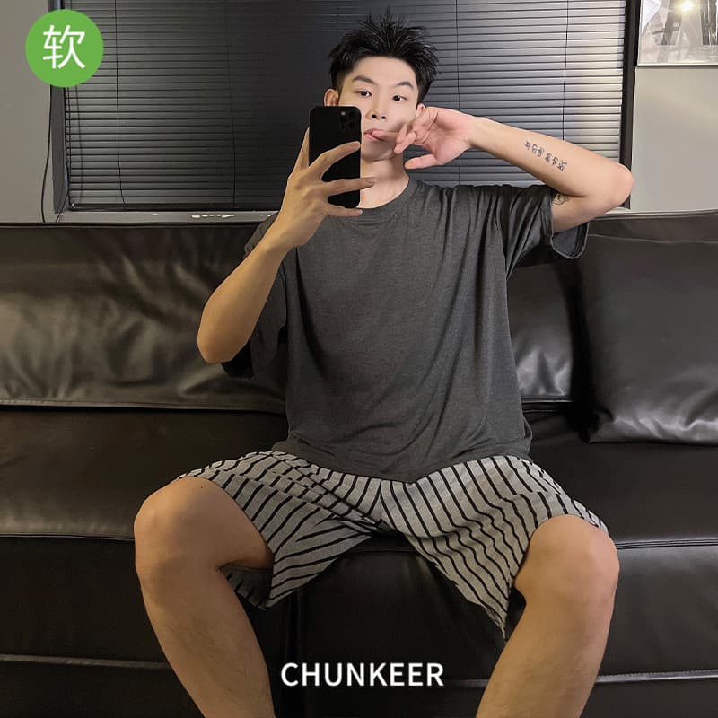 Men's Modal Pajamas, Summer Thin Short-Sleeve Simple Loose Plus-Size Student Loungewear, New Summer Style Suitable for Outdoor Wear