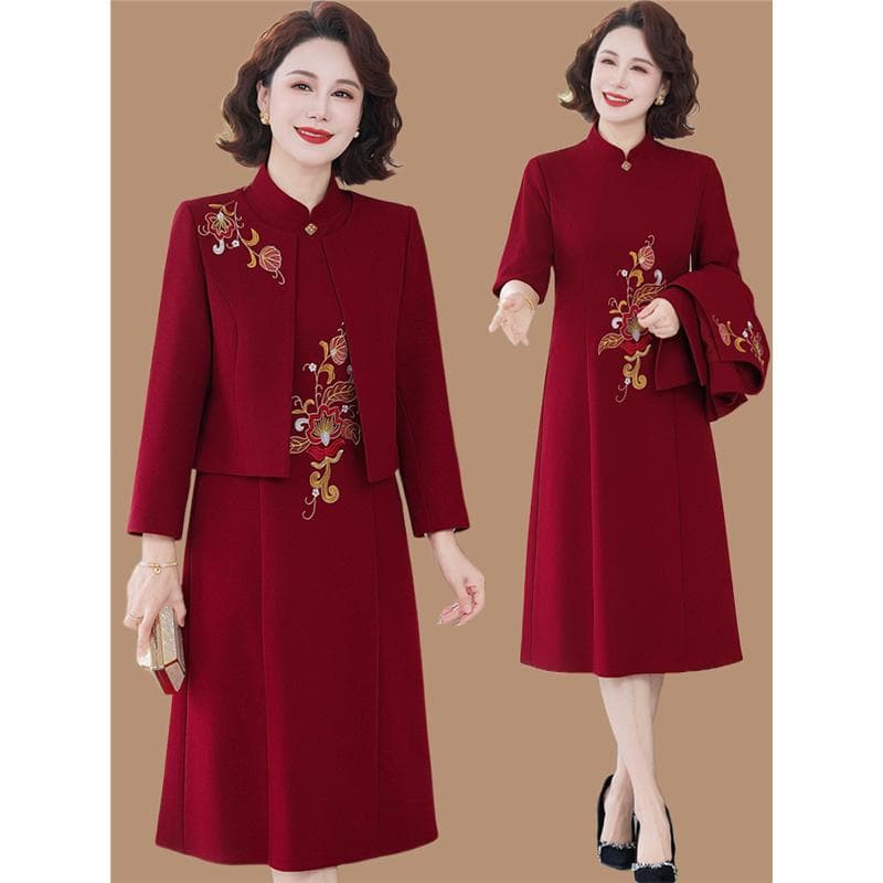 Elegant Cheongsam Wedding Dress for Middle-Aged and Elderly Women, Spring and Autumn Wedding Attire for Mother-in-Law, New Chinese Style Two-Piece Dress