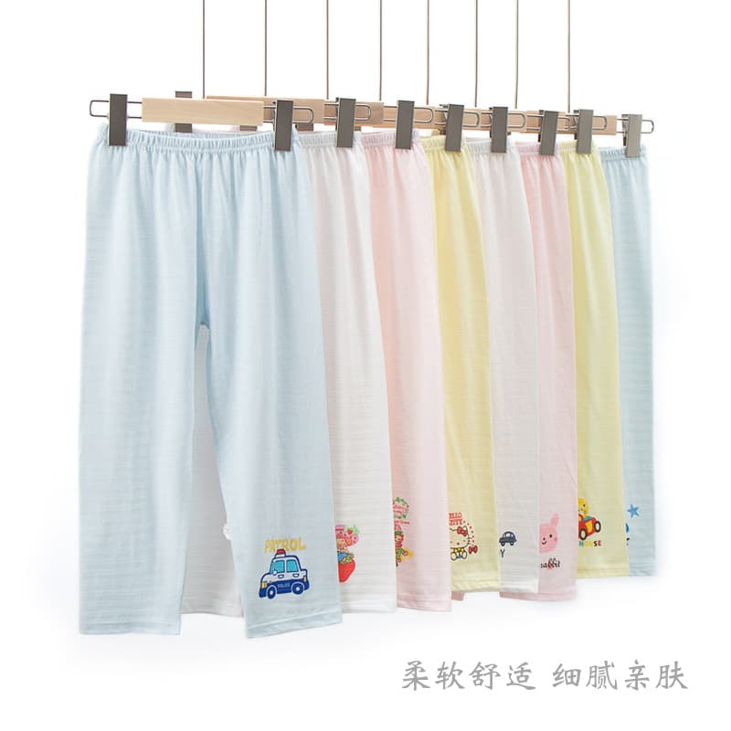 Children's Pure Cotton Lightweight Homewear Long Pants, Boys and Girls Bamboo Cotton Sleep Pants, Baby Open-Crotch Cartoon Pattern