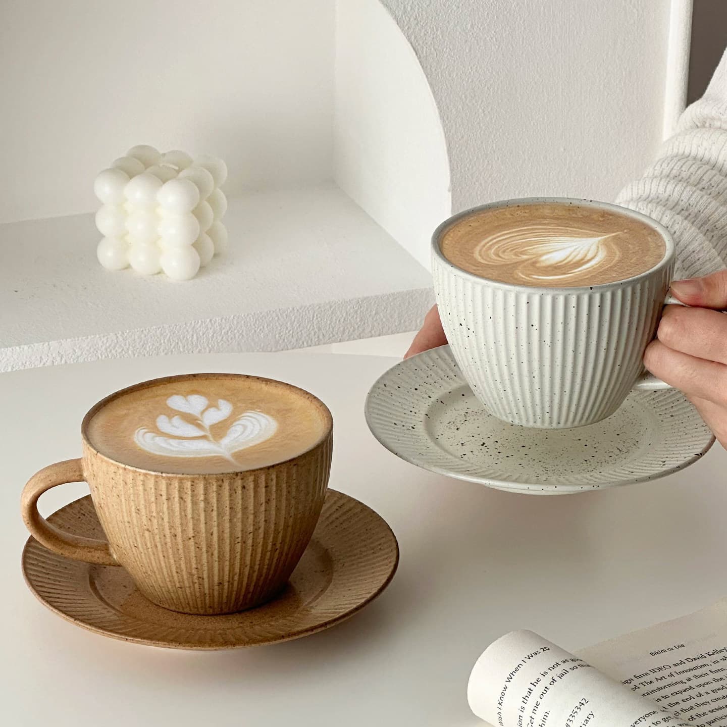 Vintage Vertical Stripe Coffee Cup and Saucer Set, Ceramic, High-Quality, Elegant Mocha Cup, Hand-Pour Latte Cup