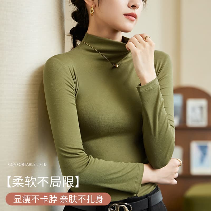 New Semi-High Neck Long Sleeve Autumn Top, Can Be Worn as Inner or Outer Layer, Fashionable Versatile Basic Base Layer Shirt for Women