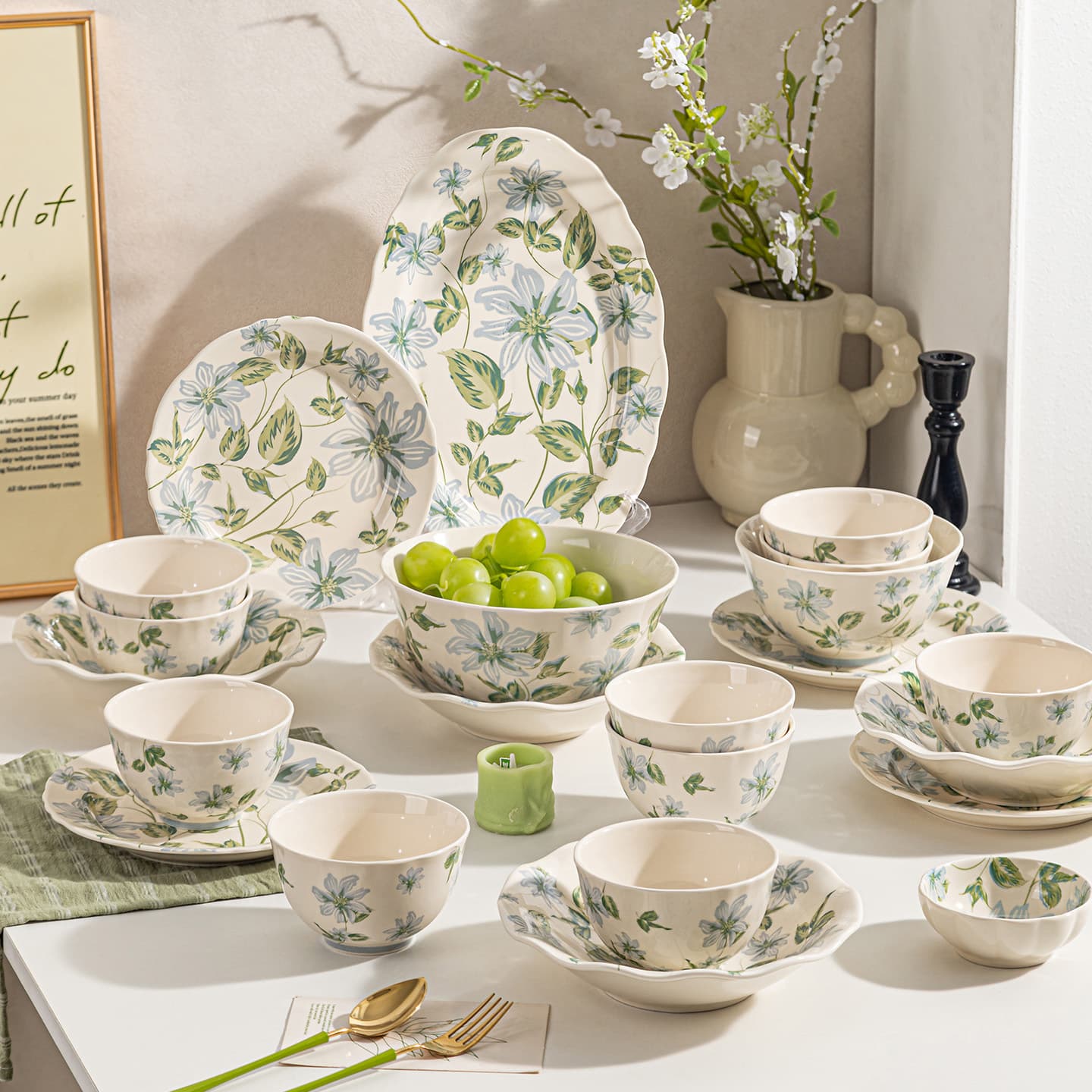 Blue and Green Ceramic Dinnerware Set Wholesale Floral High-Value Bowls Fresh Style Dinner Plates Housewarming Home-Use Bowls and Plates