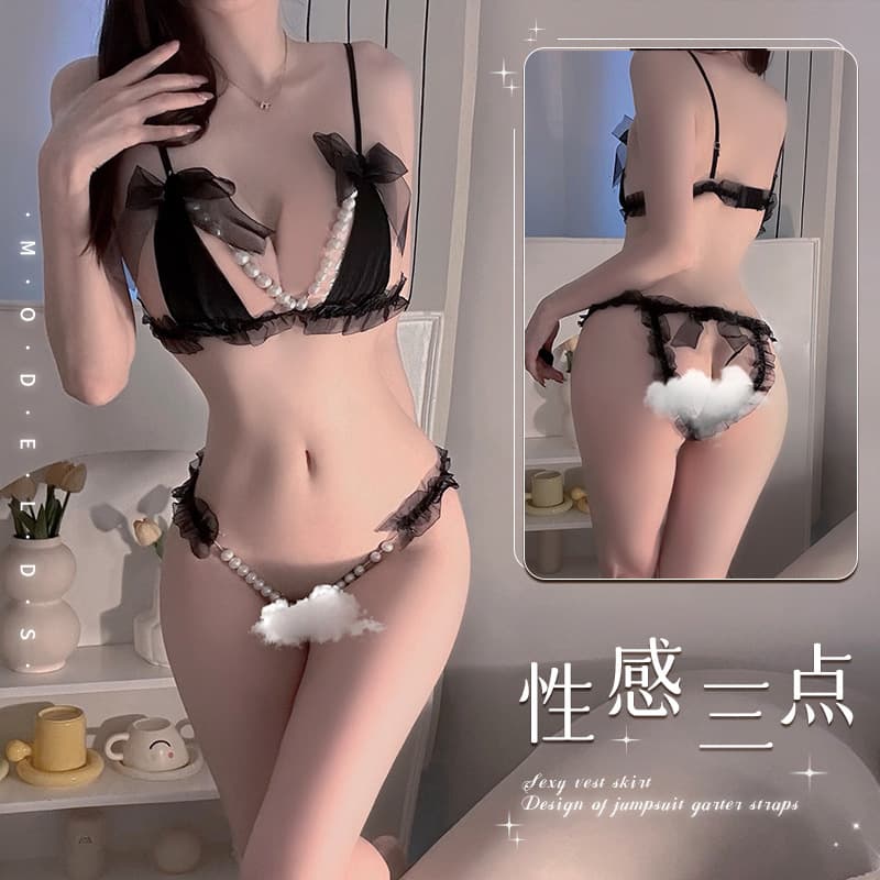 New sexy sexy underwear lace three-point small breasts show big pearls temptation thong passionate free-from-take-off temptation outfit