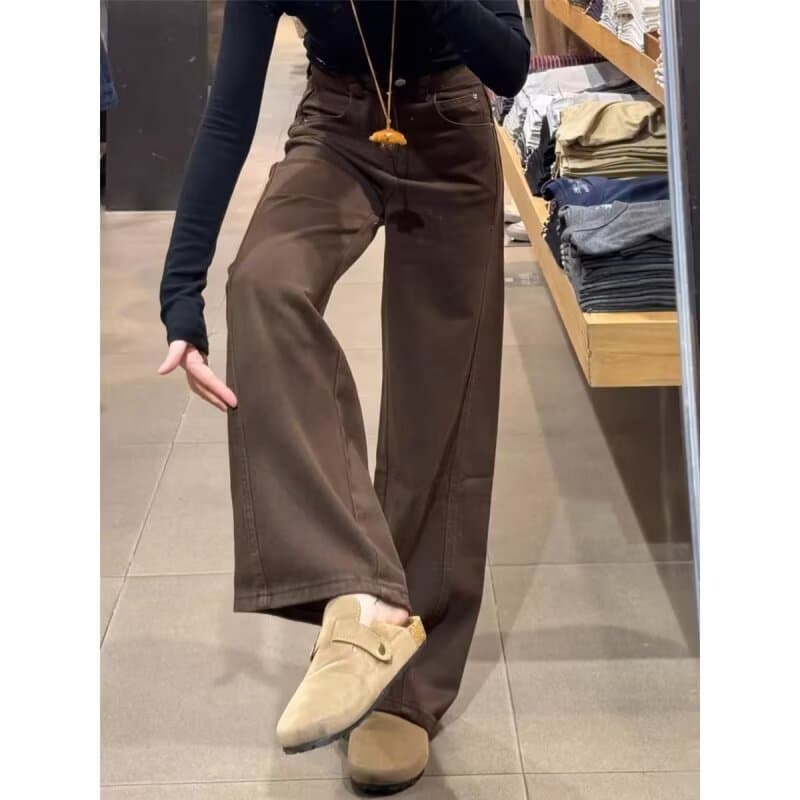 Maillard Brown Wide-Leg Jeans for Women, New Arrival Petite Design Slimming Straight-Leg Curved Cut Pants