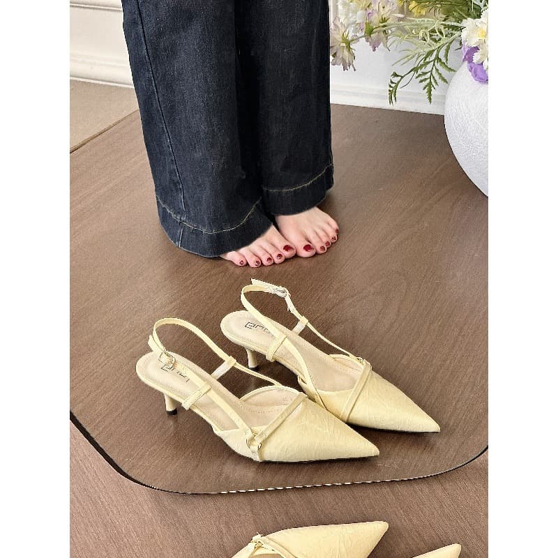 Titing Elegant Sister! Pointed Toe Buckle Kitten Heel Open Back Sandals for Women, Spring Korean Style Thin High Heels
