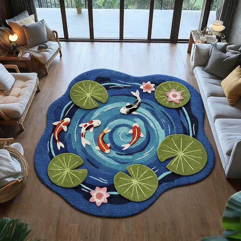 Chinese Good Fortune Koi Living Room Carpet, Soft Rug for Study Reading Area, Four-Season Non-Slip Bedside Carpet for Bedroom
