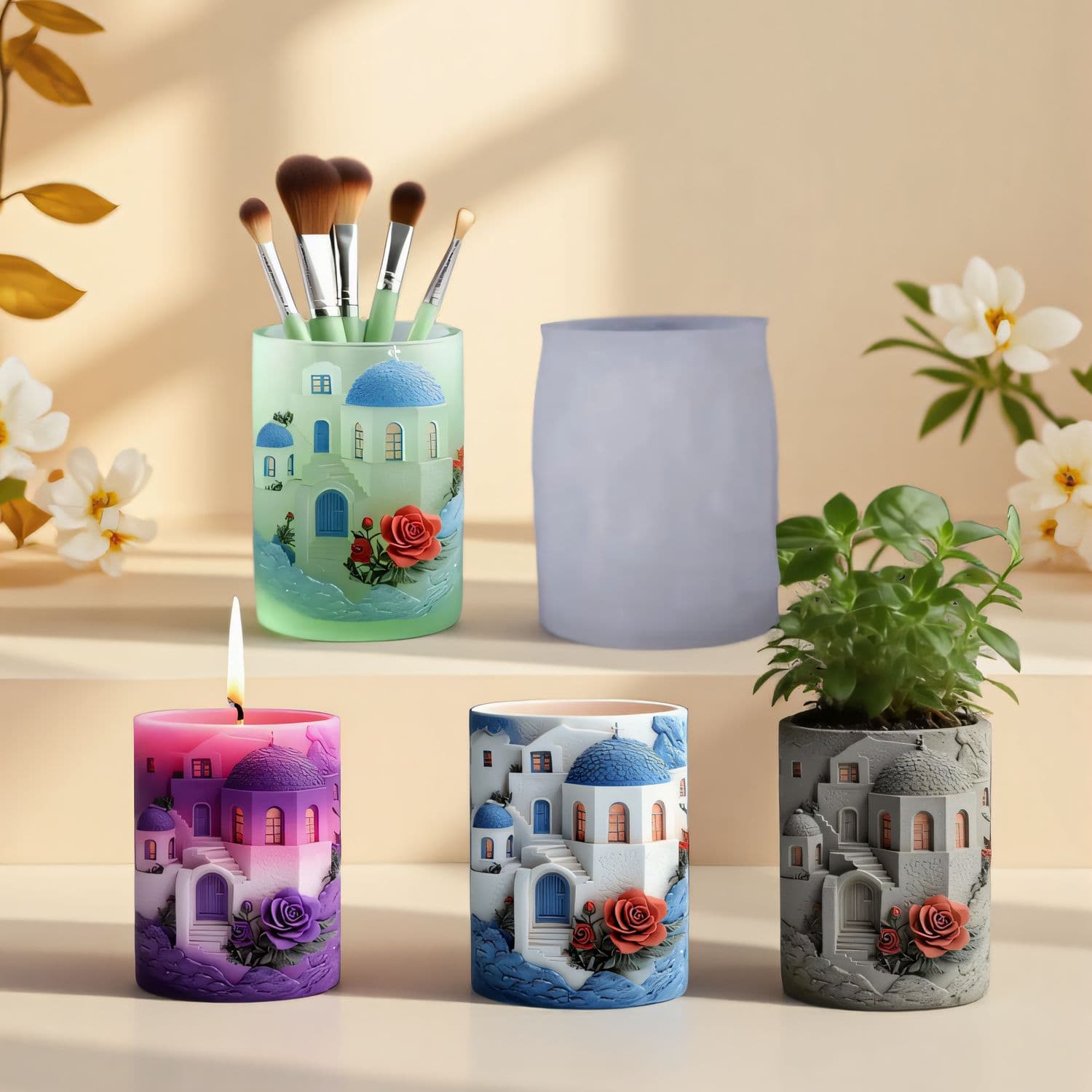 YinDian Santorini Cement Aromatherapy Plaster Cup Mold DIY Epoxy Resin Storage Cup Flower Pot Decorative Silicone Mold