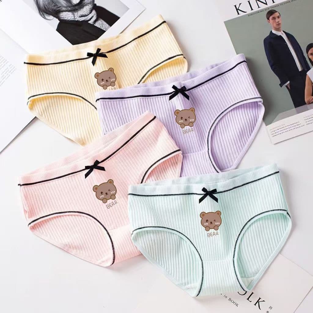 Japanese-Style Antibacterial Panties for Girls, Solid Color Mid-Waist Seamless Panties, Cute Bear Print Sweet Student Triangle Panties