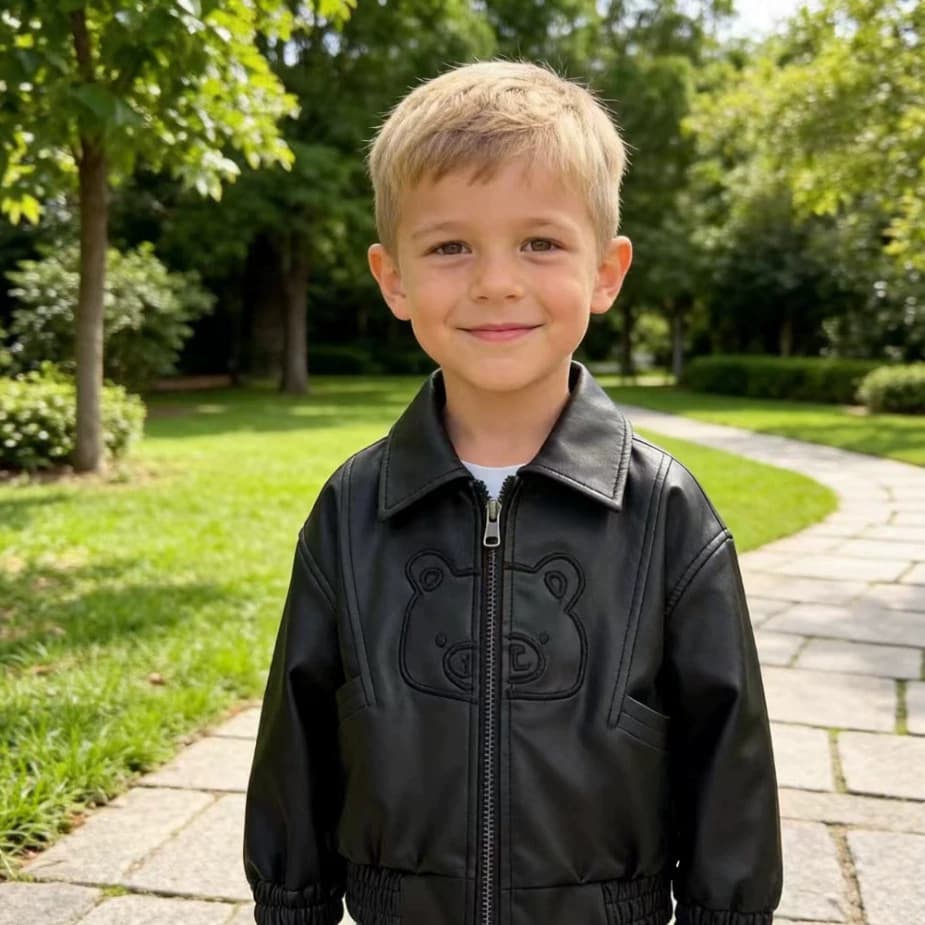 Children's Leather Jacket 2025 Spring/Autumn Korean Style Casual Boys Girls Bear Leather Jacket Top