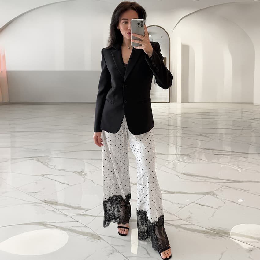 European and American cross-border 2026 spring and summer new polka-dot lace stitching wide-leg pants for women high-waisted casual trousers