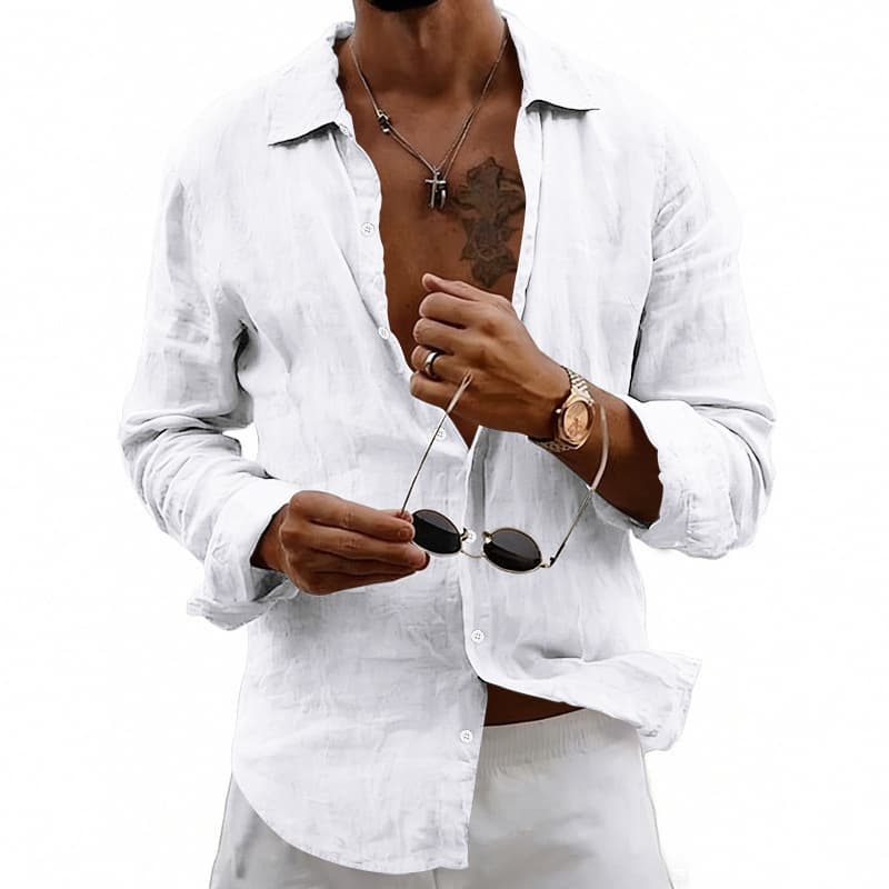 Cross-border Amazon Foreign Trade Men's Spring New Solid Color Thin Loose Cardigan Lapel Versatile Linen Long Sleeve Shirt