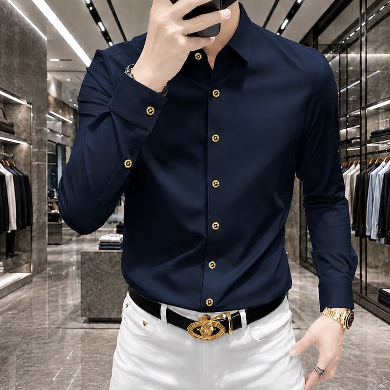 Premium non-iron long-sleeved shirt for men, business casual, slim fit, dark blue shirt, men's formal autumn base layer