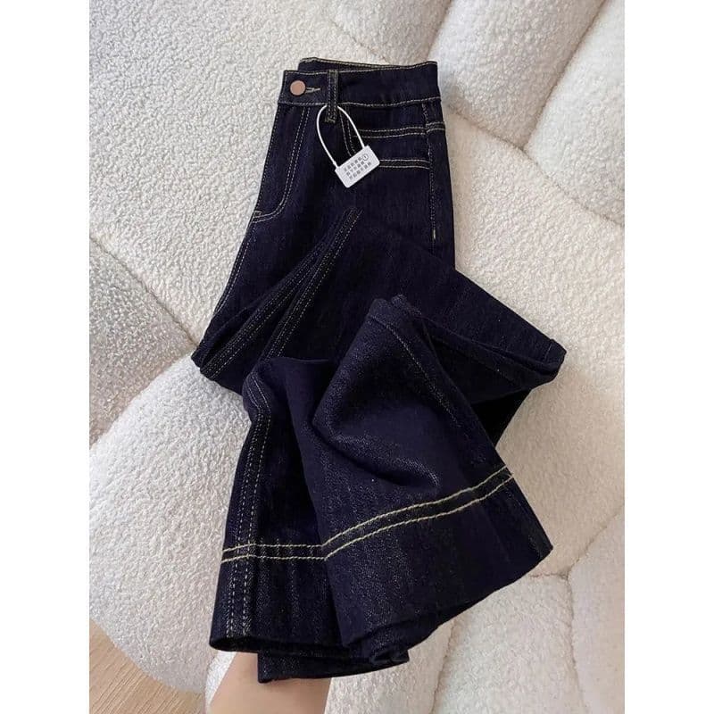 Topstitched Flared Jeans for Women, High Waist Slimming Flowing Bell Bottom Floor-Length Trousers, Retro Washed Versatile Office Pants
