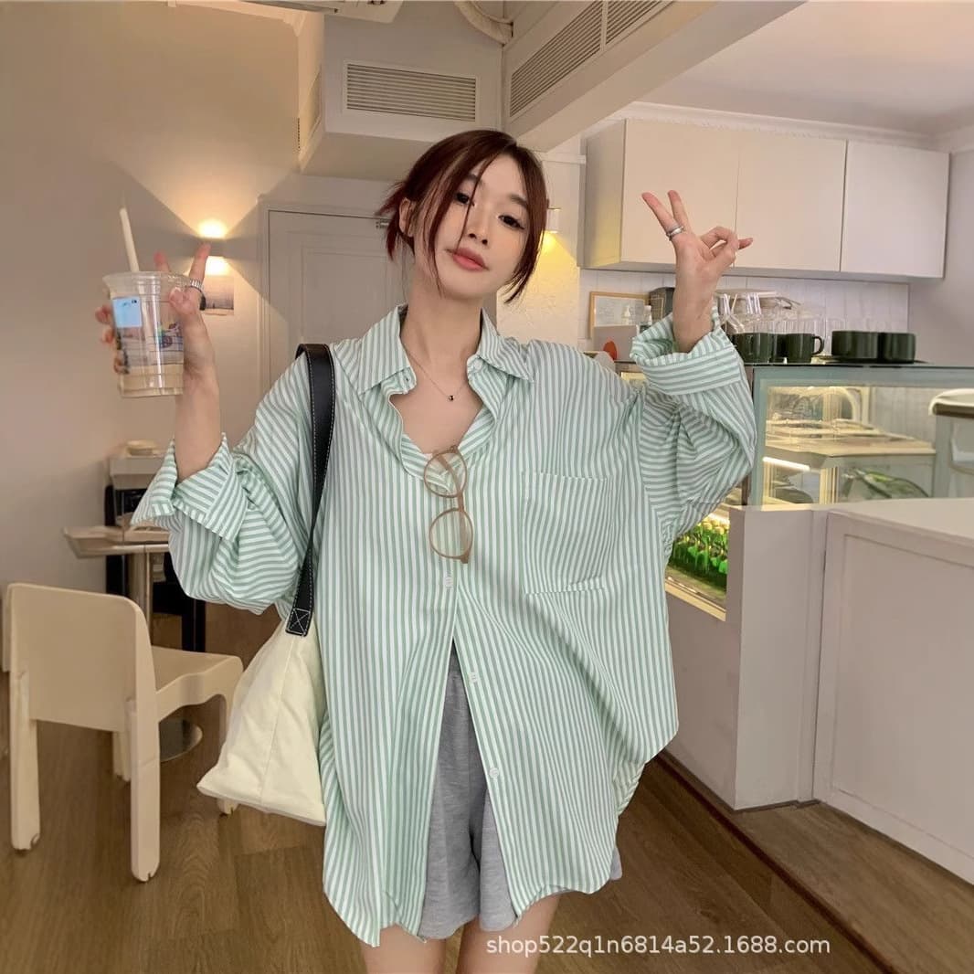 Summer Lightweight Loose Women's Striped Sun Protection Shirt Fashion Lazy Style Open Cardigan Polo Collar Full Sleeve Cotton Bl