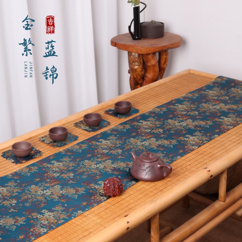 New Chinese double-sided waterproof tea mat, high-end tea station with national style tasseled tablecloth and gold-blue brocade