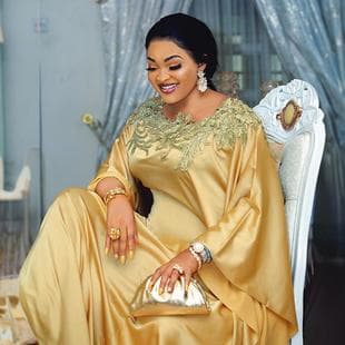 African Women's Dress Hot-Selling Cross-Border Real Silk Fabric Round Neck with Rhinestone Trim Long Robe Source