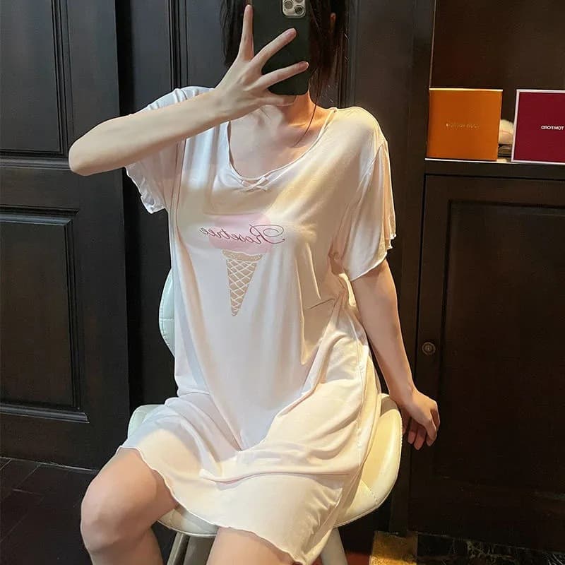 Women's Summer Pajamas Short Sleeve Thin Loose Cartoon Cute Nightgown for Plus Size and Pregnant Women, Suitable for Home or Outdoor Wear