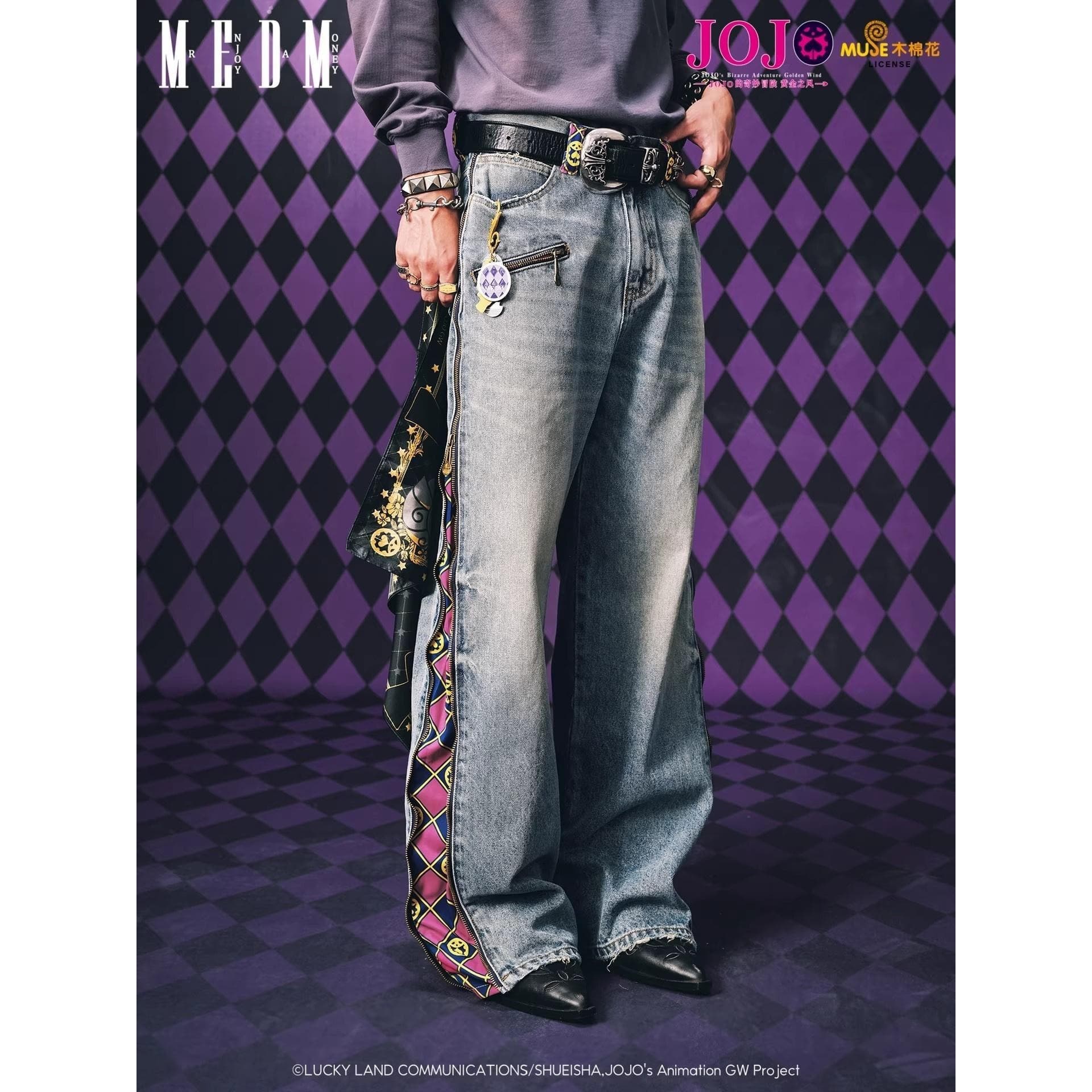 2026 JOJO's Bizarre Adventure Collaboration - Zipper Plaid Casual Jeans Washed Distressed Slightly Stretchy Floor-Length Pants