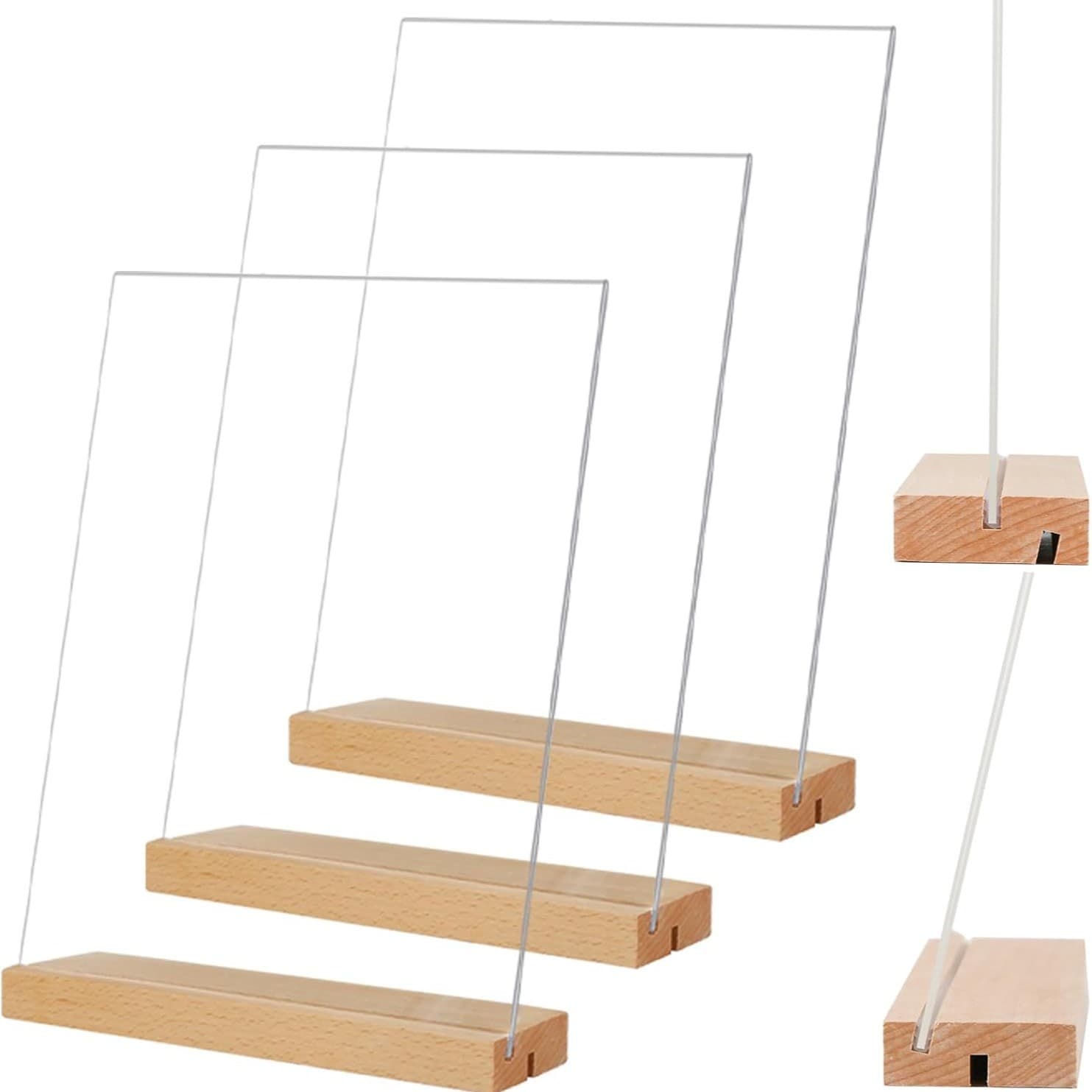 A4 Acrylic Sign Holder with Wooden Base, 1 Pack, L/T Shape Vertical or Slanted Back