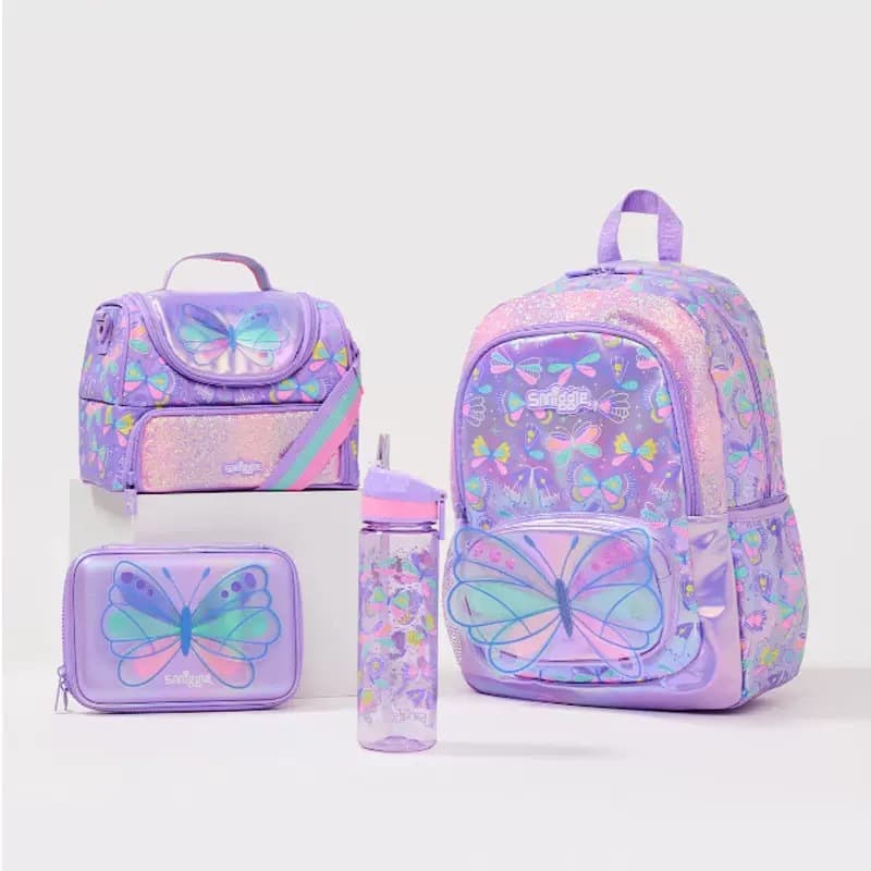 Smiggle butterfly pattern children's backpack set large capacity school bag pencil case water cup cute primary school student back