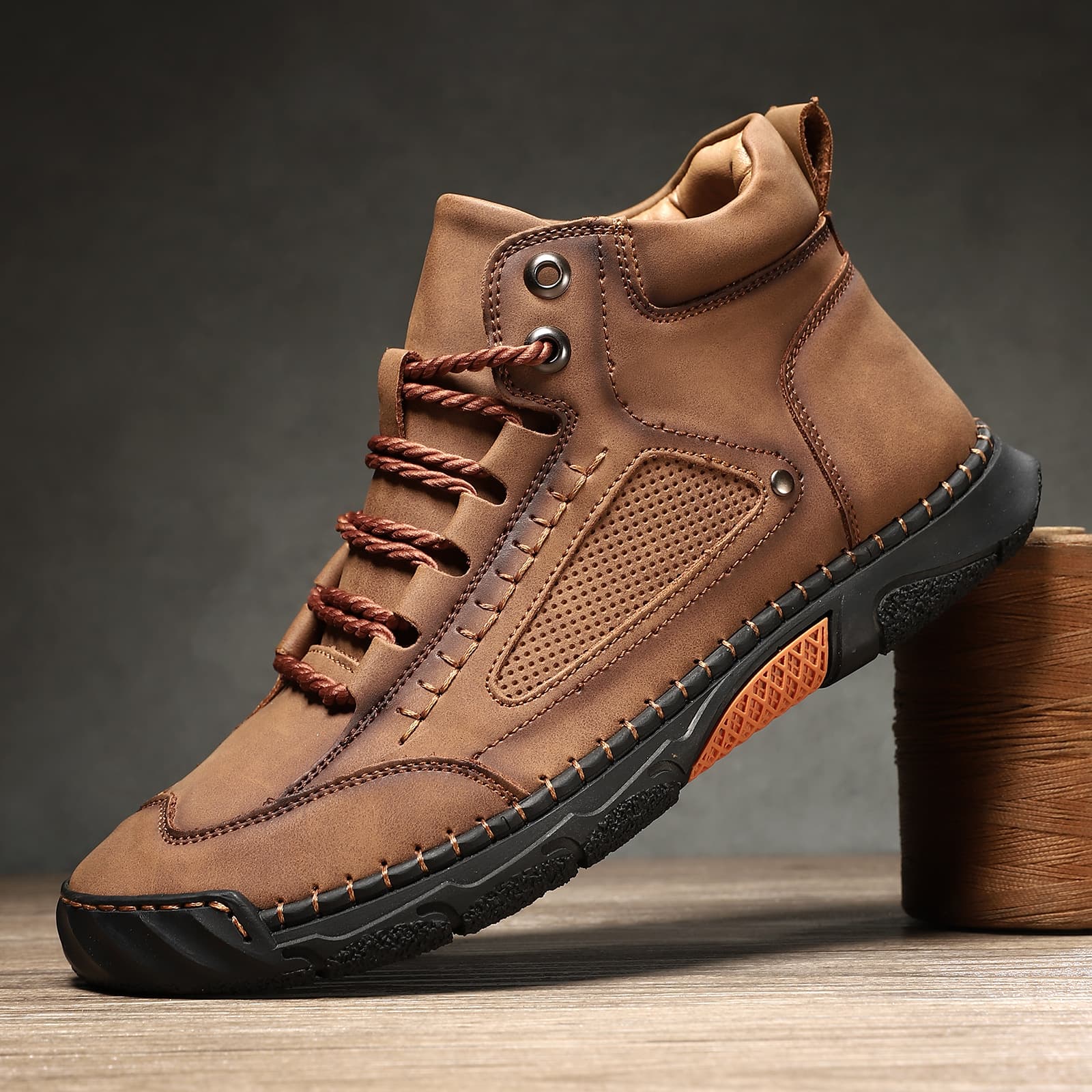 Cross-border Large Size Men's Leather Boots Fashion Stitched Ankle Boots Flat Lace-up Martin Boots Outdoor High-top Shoes