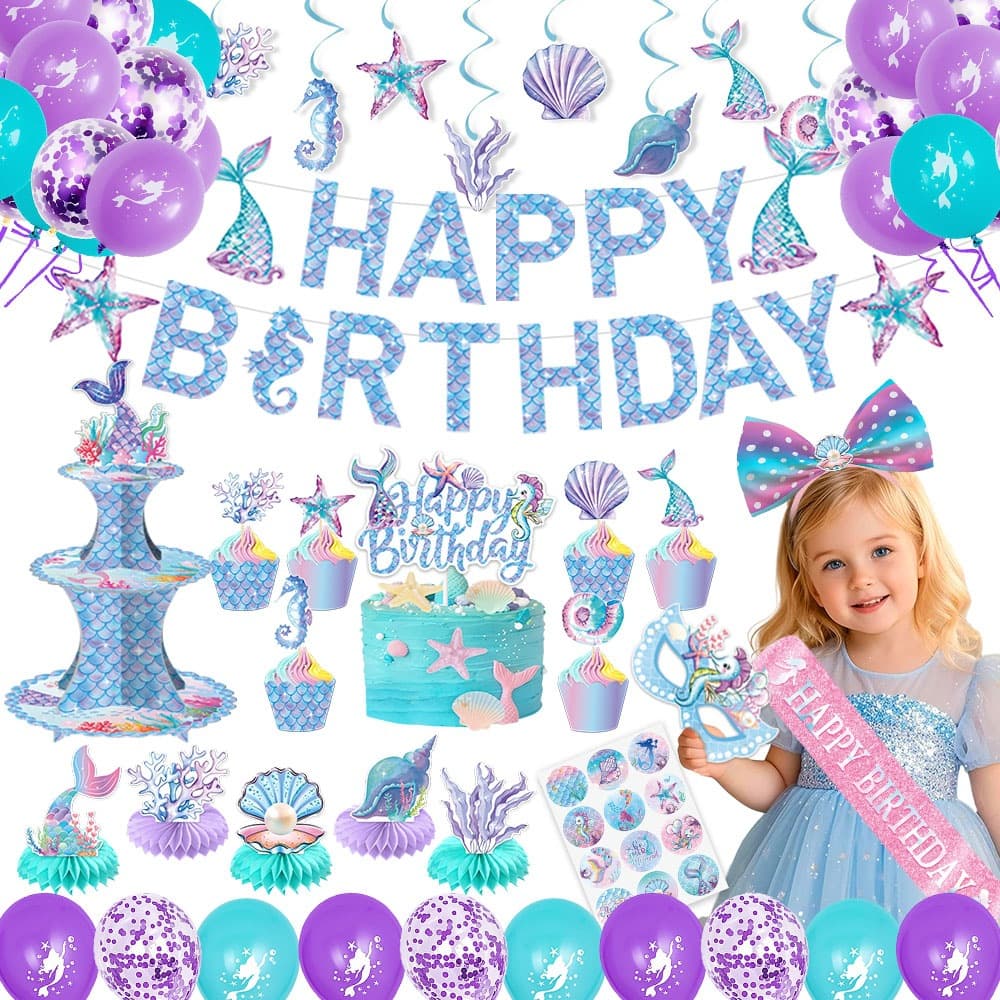 New mermaid birthday party decoration, summer birthday flag, children's first birthday gift decoration supplies