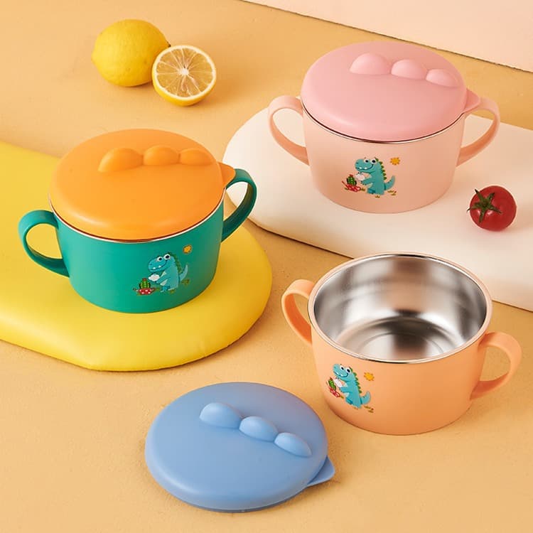 Dinosaur baby food bowl eating anti-fall stainless steel tableware insulation bowl children's bowl cartoon anti-scald food bowl