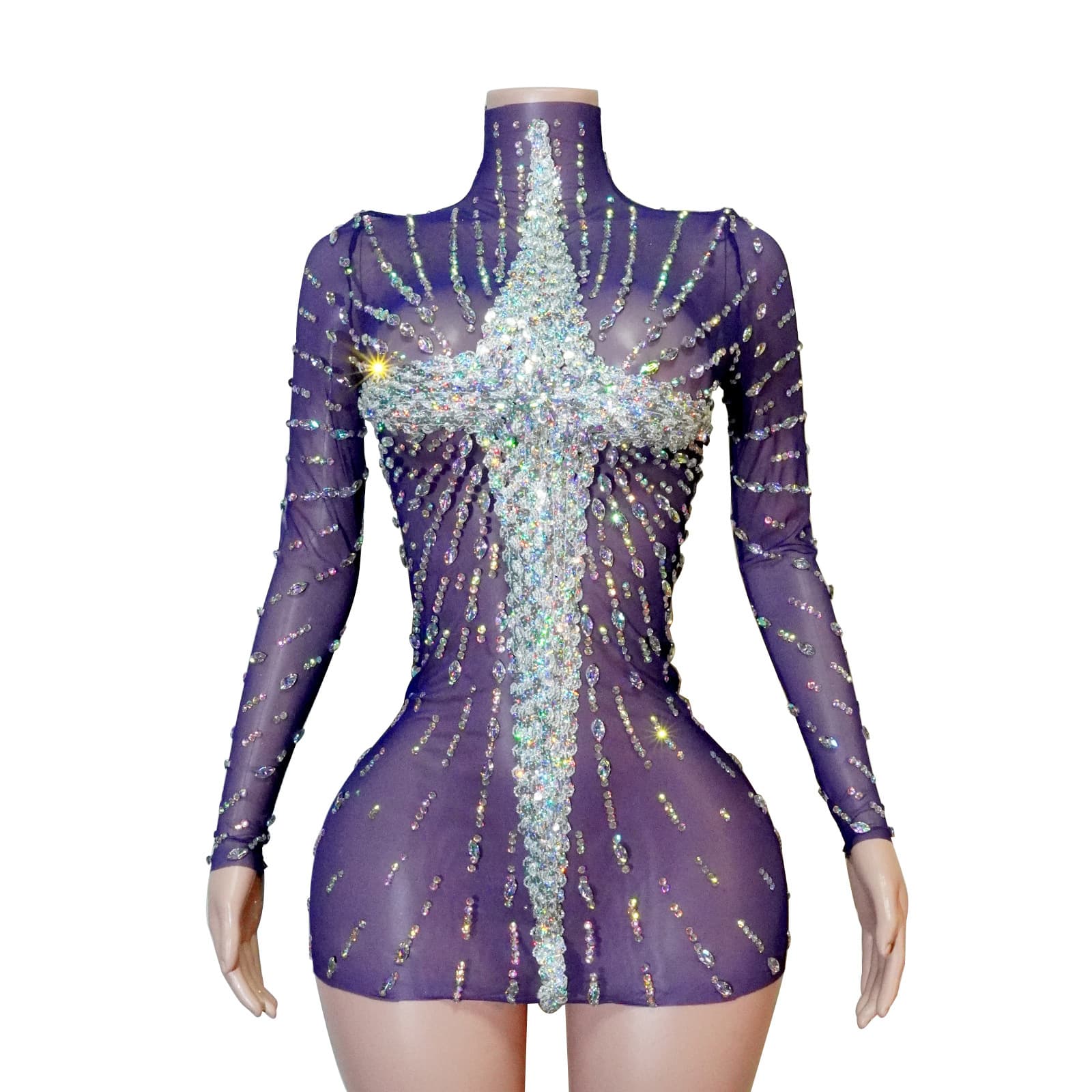 European and American cross-border rhinestone performance dress purple mesh short skirt stage show sparkling gown party evening wear