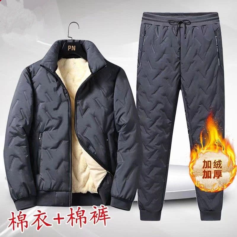 Cross-Border Winter Men's Cotton Suit Set Fleece-Lined Thickened Stand Collar Lamb Fleece Two-Piece Casual Cotton Pants Jacket