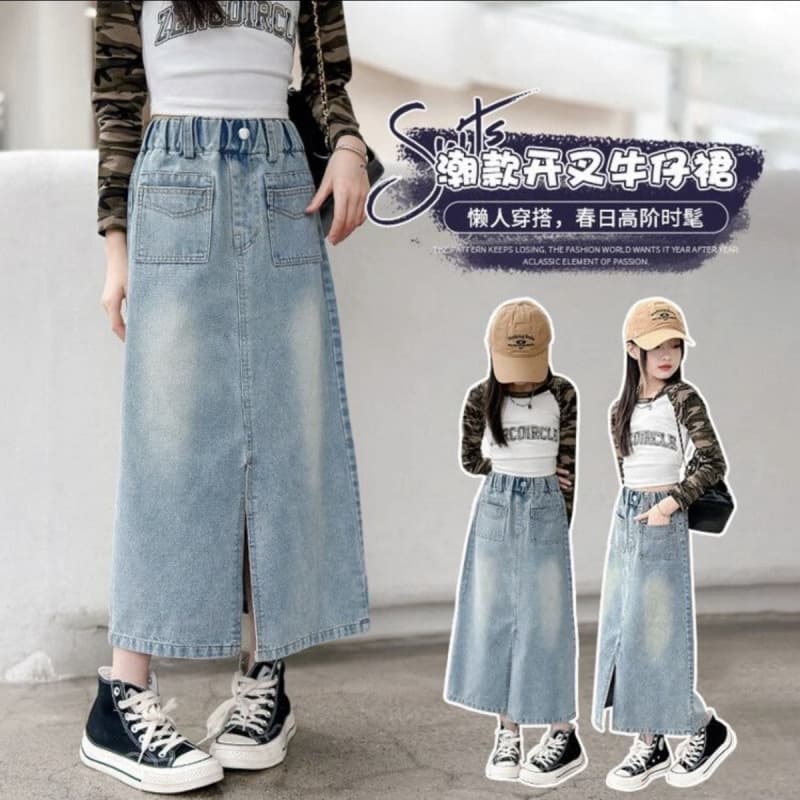 Girls' denim skirt spring and autumn new style Internet celebrity hot street medium and large children's summer Korean slit long skirt