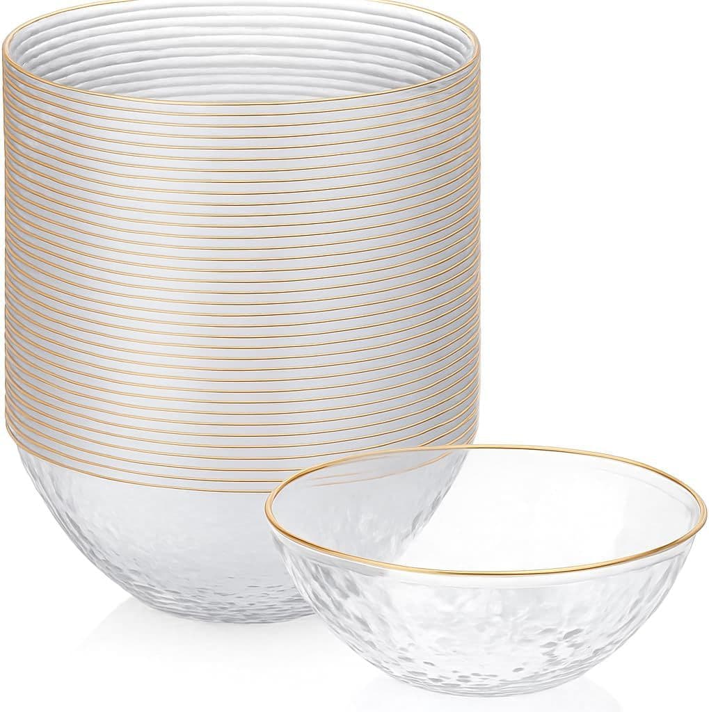 16OZ Disposable Plastic Stone Texture Gold Rim Large Salad Bowl, Forged Pattern Transparent Gold Rim Bowl, Party Tableware Cross-Border