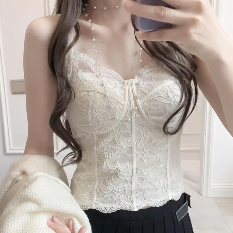 Lace Camisole for Women, Slim Fit, Sheer, Layering Vest, French Style, Push-up, Backless, Outerwear