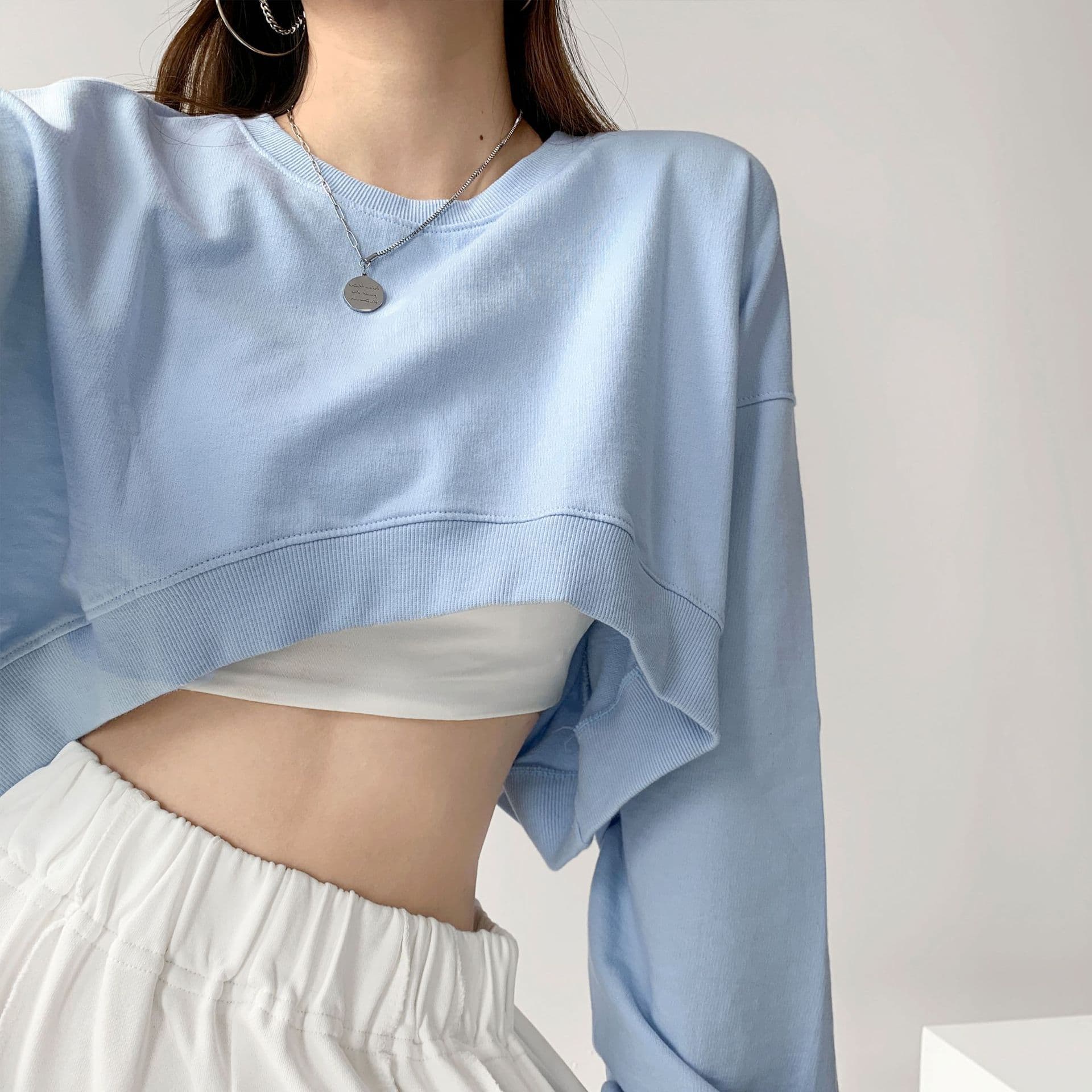 Short Loose Long Sleeve Round Neck Sweatshirt Women's Fashion Spring Autumn Solid Color Ladies Top Trendy Streetwear