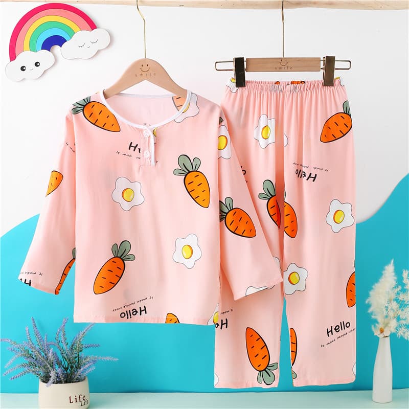 Children's Cotton Silk Pajamas for Boys and Girls Summer Thin Style Kids Rayon Homewear for Air Conditioning