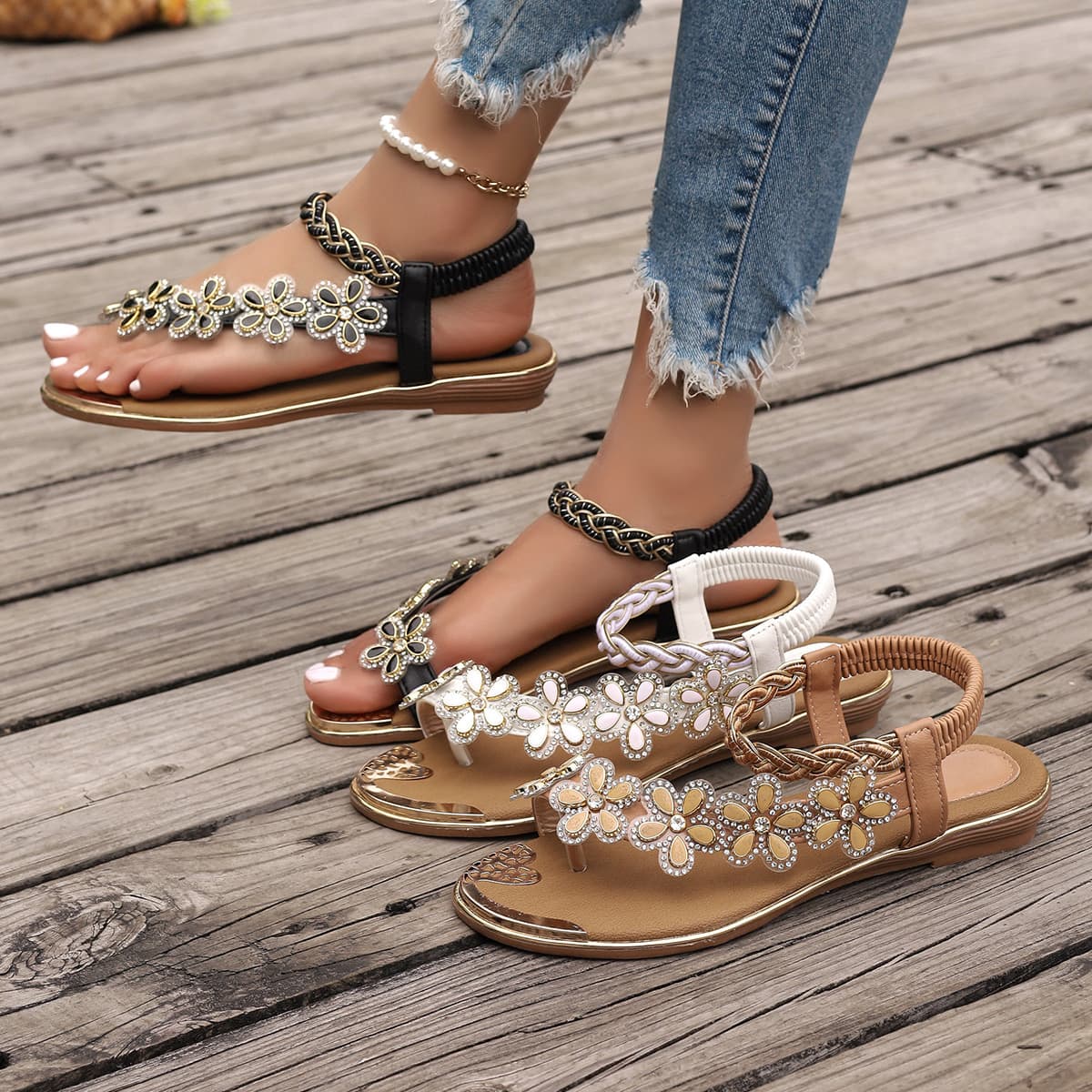 Export Plus Size Sandals 2024 Summer New Style Women's Flower Decoration Slip-on Rhinestone Sandals Fashion Sandals