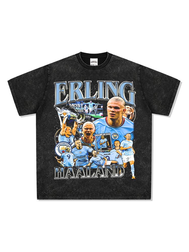 Cross-border American Haaland Manchester City Haaland printed short-sleeved T-shirt Vintage washed heavy loose ins