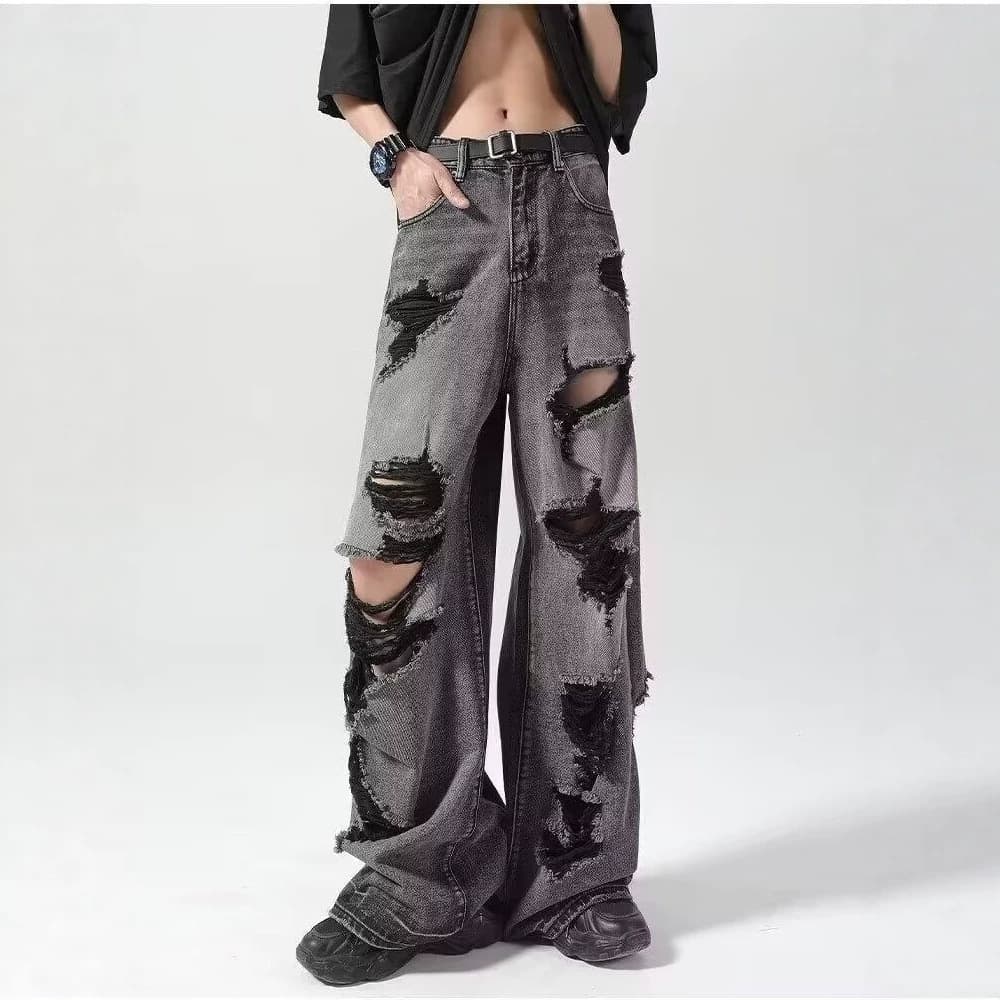 Distressed Beggar Jeans for Men and Women 2026 Summer Trendy Loose Wide-Leg Pants American High-Street Washed Straight-Leg Pants