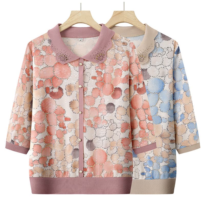 Mother's Spring Dress Small Shirt Foreign Elegant Mid-Sleeve T-Shirt New Arrival Middle-aged and Elderly Women's Spring and Summer Lar Top Loose Base Shirt