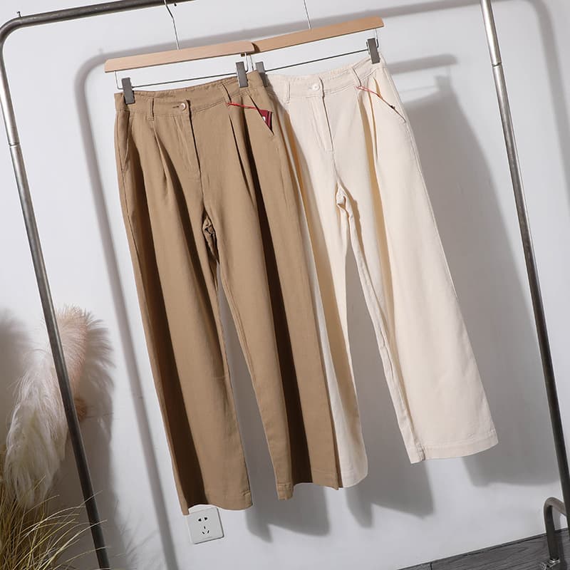 Italian single~ladies' commuting cool and breathable cotton and linen blended double pleated high waist straight casual trousers 2551