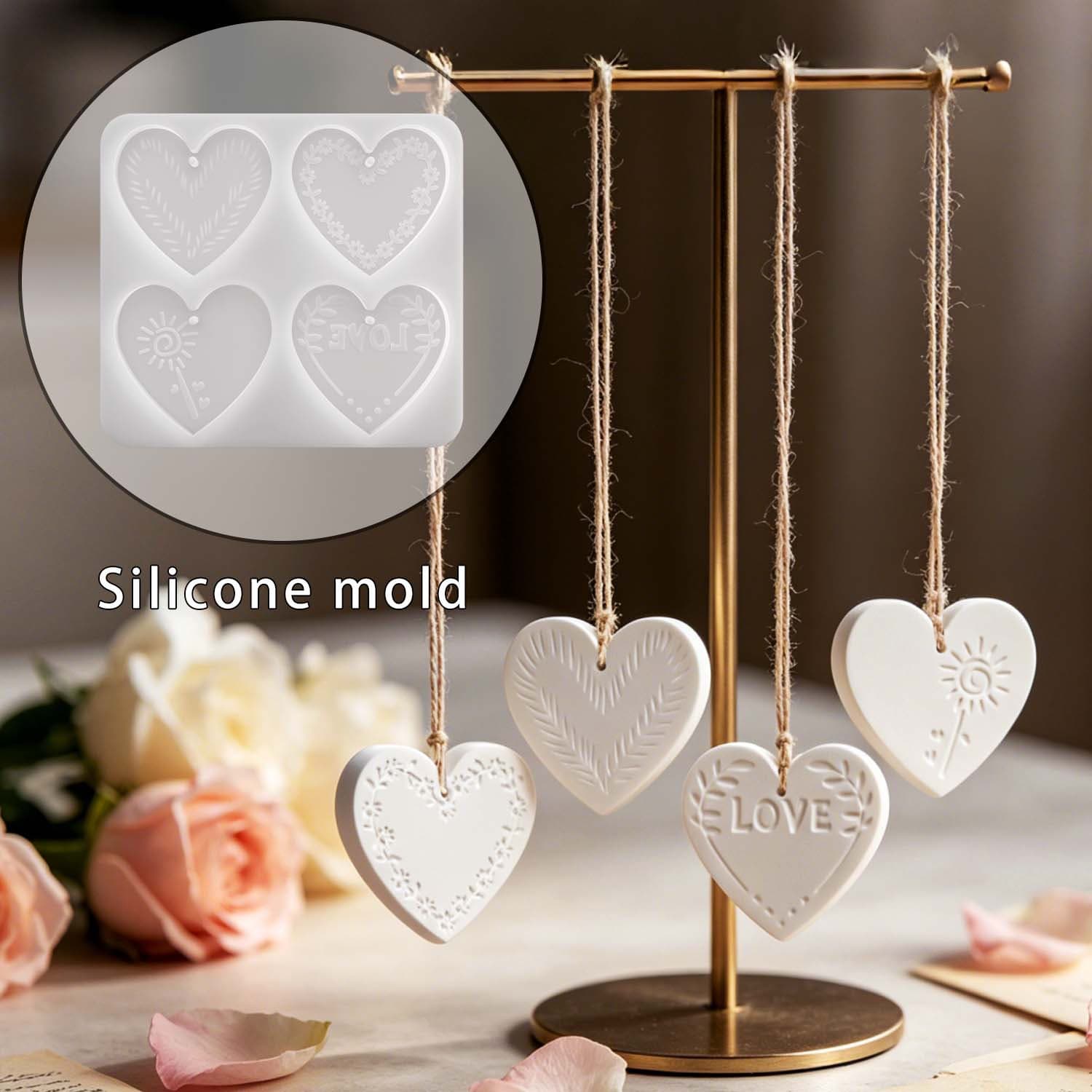 DIY 4-Connecting Pattern Heart Silicone Mold Heart Tag Bag Decoration Pendant Epoxy Resin Mold Cross-Border