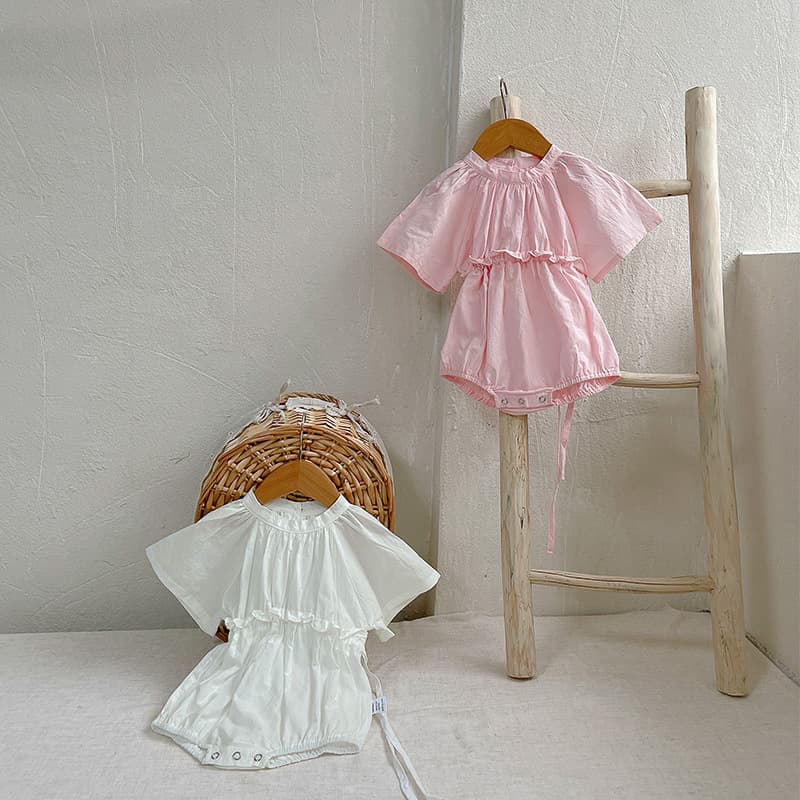 Summer Baby Girl Lotus Leaf Sleeve Tie Bodysuit Solid Color Baby Diaper Cover Romper