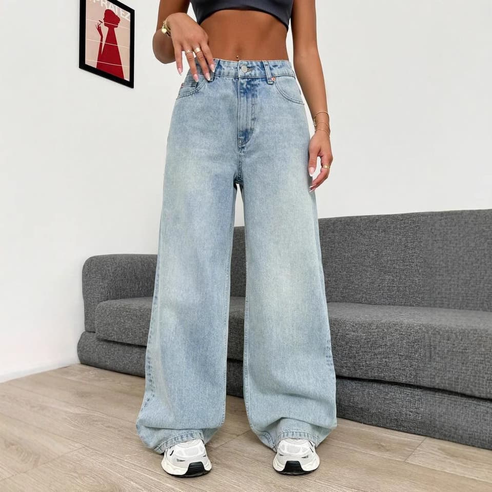 Foreign trade European and American medium-high waist commuting light-color ins style straight slim and versatile new wide-leg floor-length pants jeans