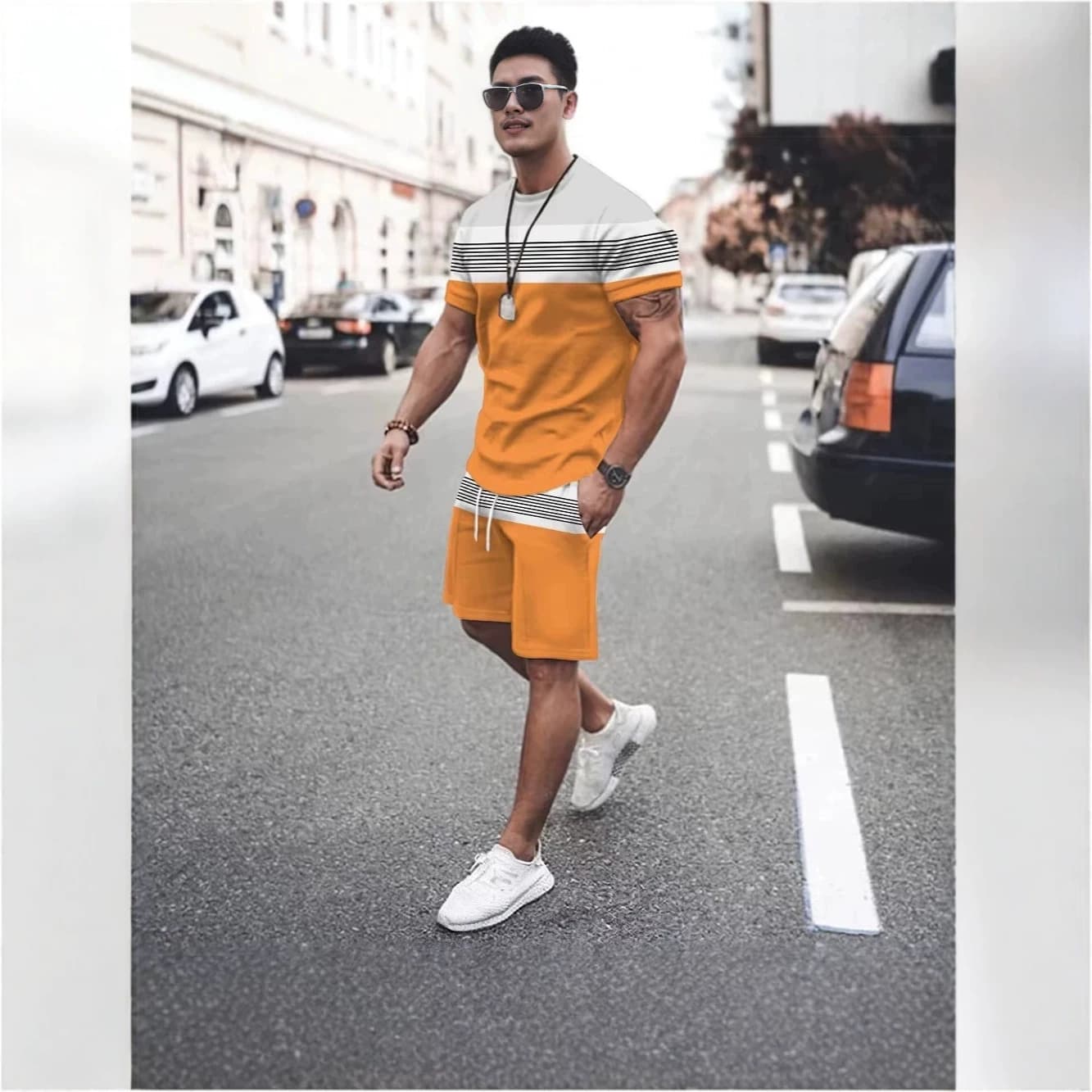2026 cross-border new style striped contrasting color splicing casual loose fashion suit two-piece trendy sportswear Europe and America
