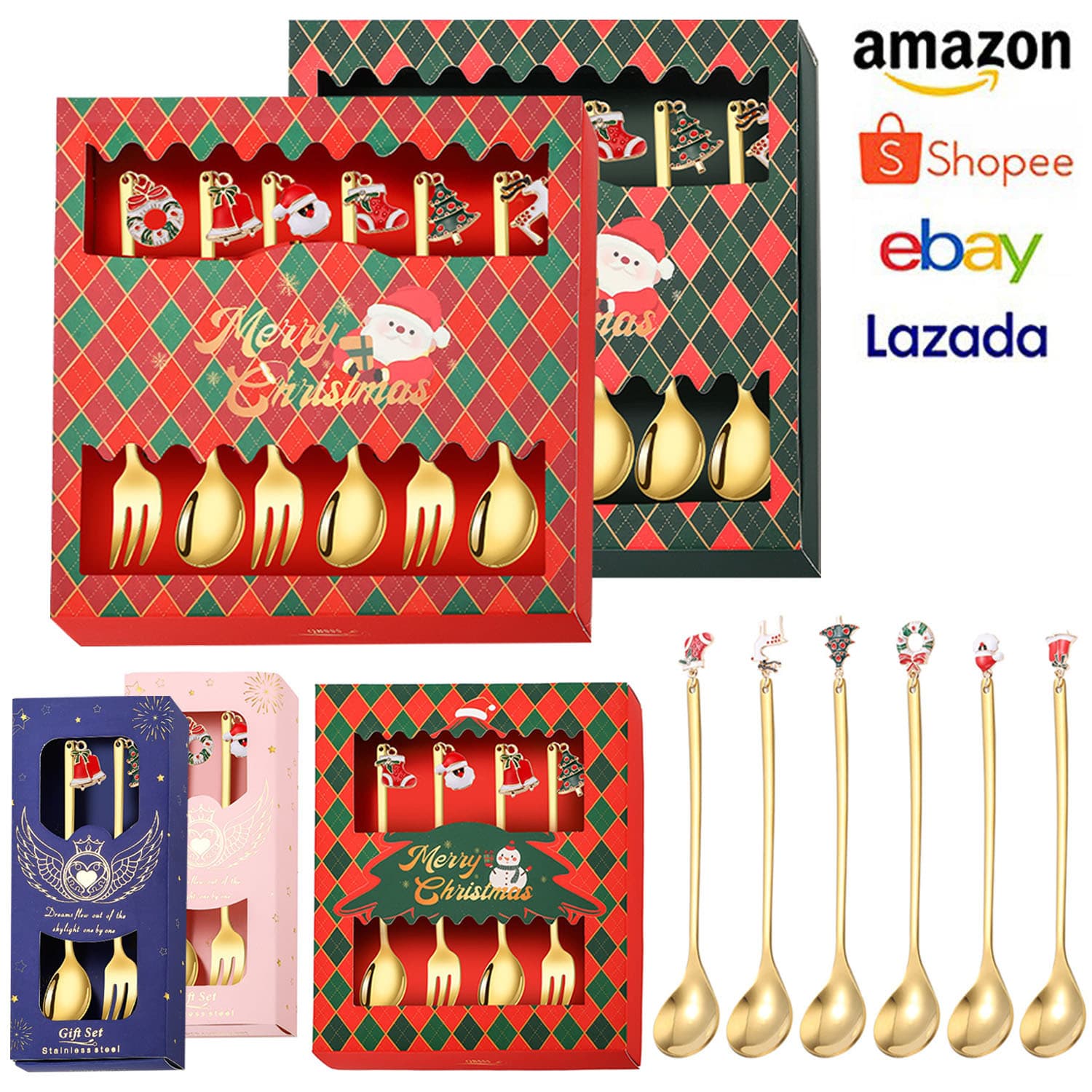 Cross-border Christmas Spoon Set Coffee Stirring Spoon Creative Pendant Spoon Christmas Dessert Spoon and Fork Gift Box Set