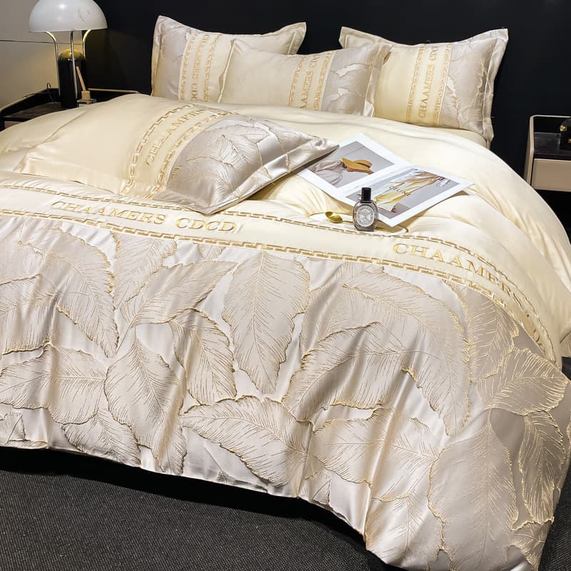 Luxury Embroidery Ice Silk Bedding Set for Summer, Silky Smooth Bare Skin Duvet Cover Sheet Fitted Sheet