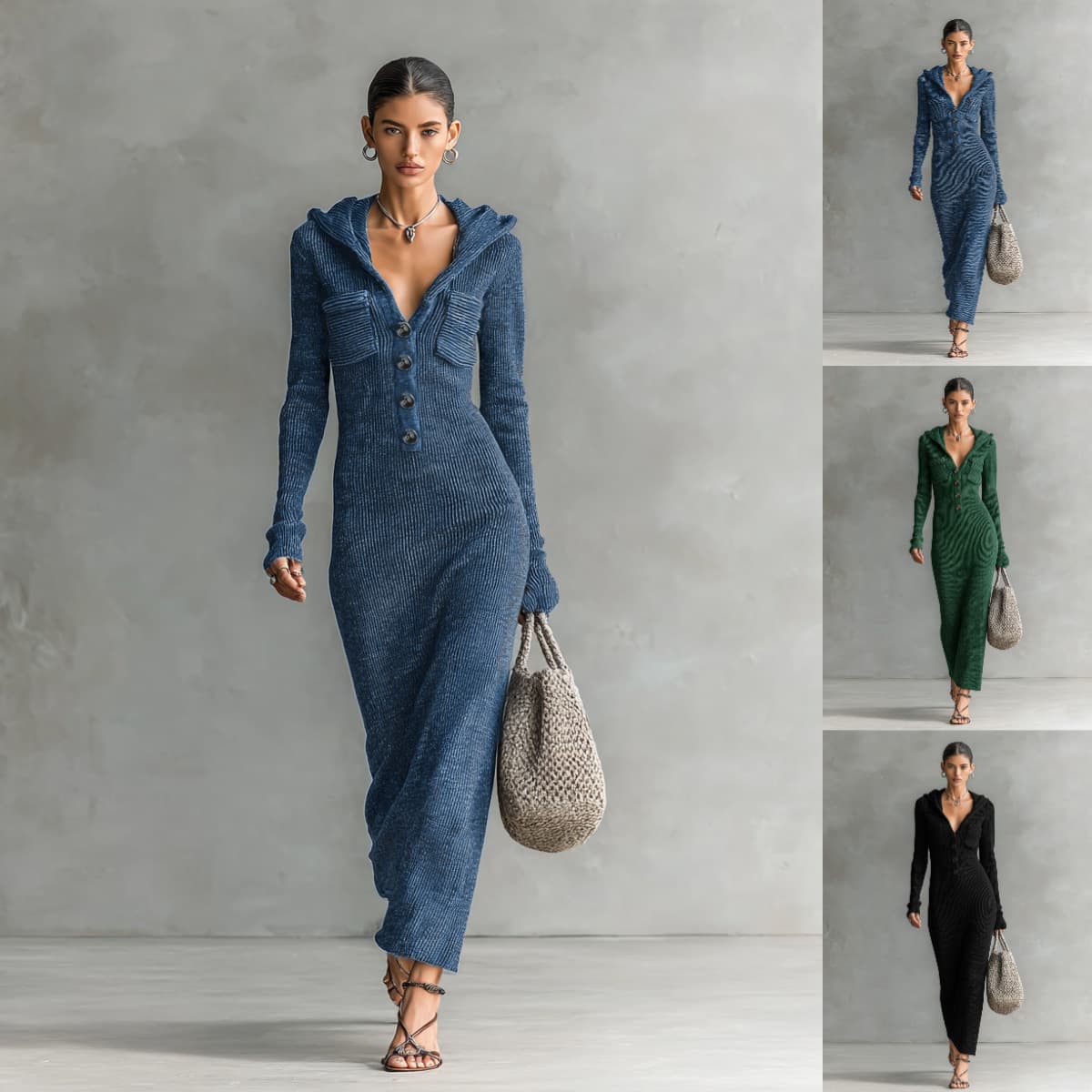 European and American cross-border women's new V-neck knitted dress long-sleeved slim sweater dress autumn and winter fashion style wear
