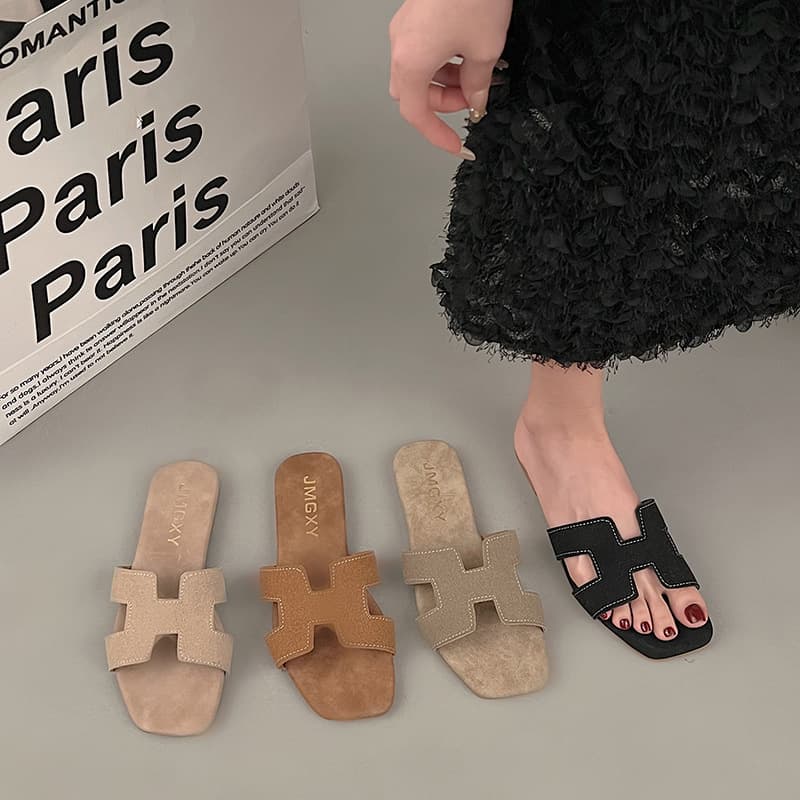 Women's Flat Sandals Summer Fashion Outdoor Flat Suede Trendy Versatile One-Strap Sandals Off-White