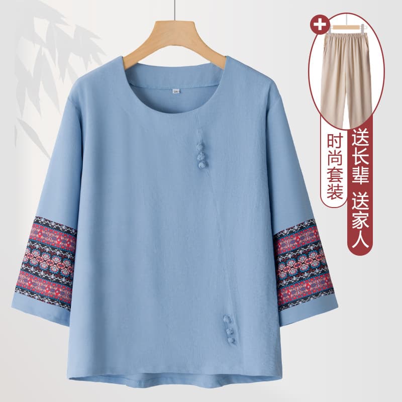 New women's clothing for middle-aged and elderly people in spring and summer thin ice silk ethnic style three-quarter sleeve grandma loose casual suit