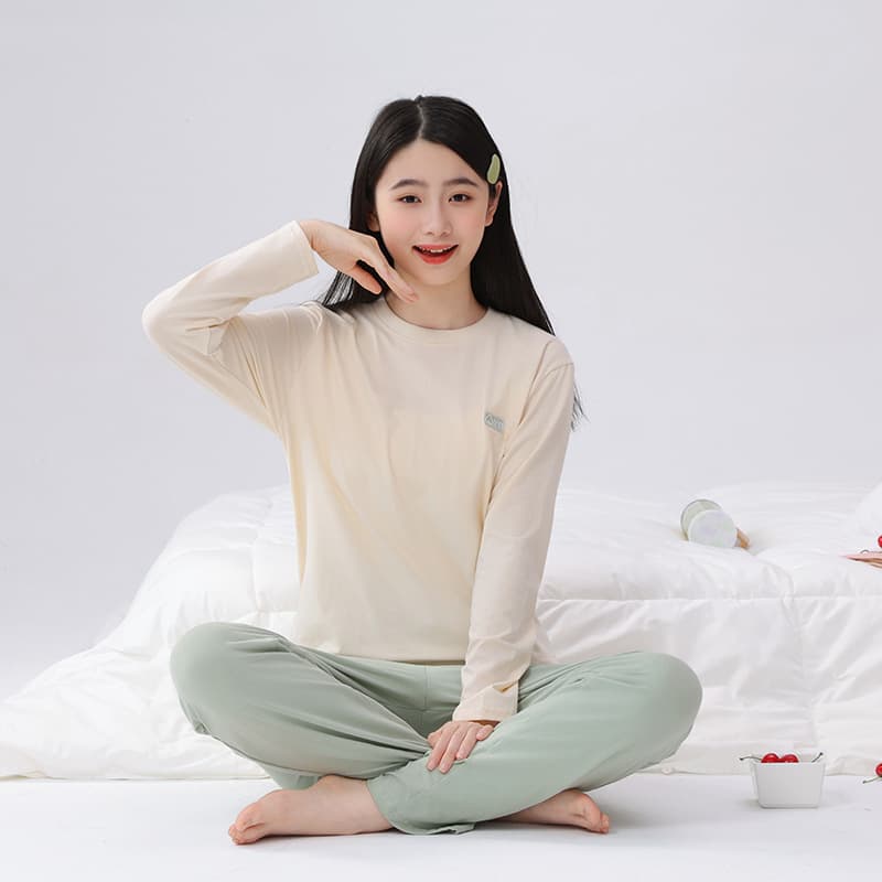 Girls cotton pajamas spring and autumn Japanese casual girls cotton summer long-sleeved trousers suit thin style can be worn outside the home