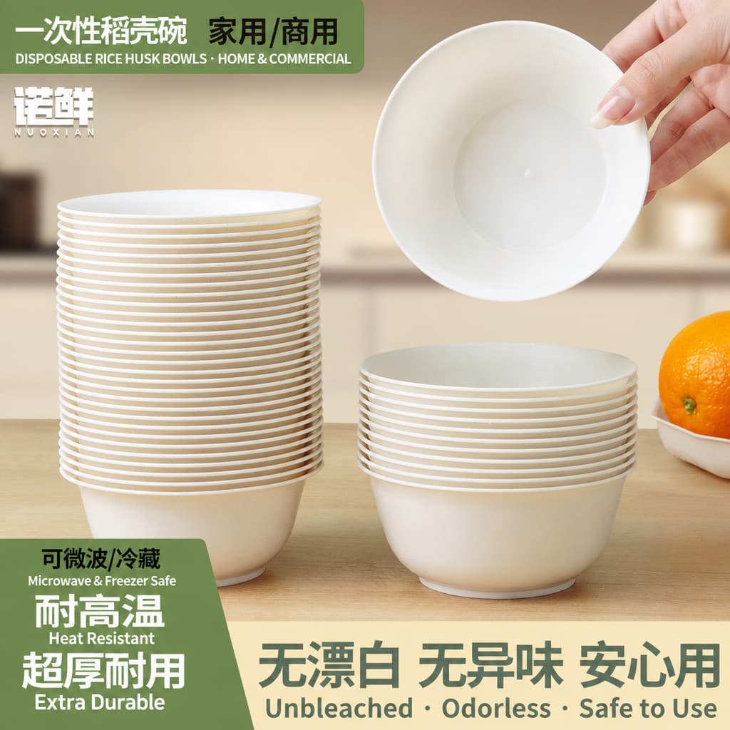 Cross-border Foreign Trade Rice Husk Disposable Bowls Thickened Food-Grade Household Rice Bowls Premium High-Temperature Resistant for Camping Hot Pot Gatherings